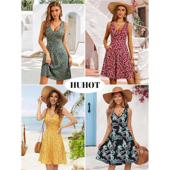 Womens Sleeveless V Neck Dress with Pocket Summer Beach Midi Flared Tank - Picture 6 of 6